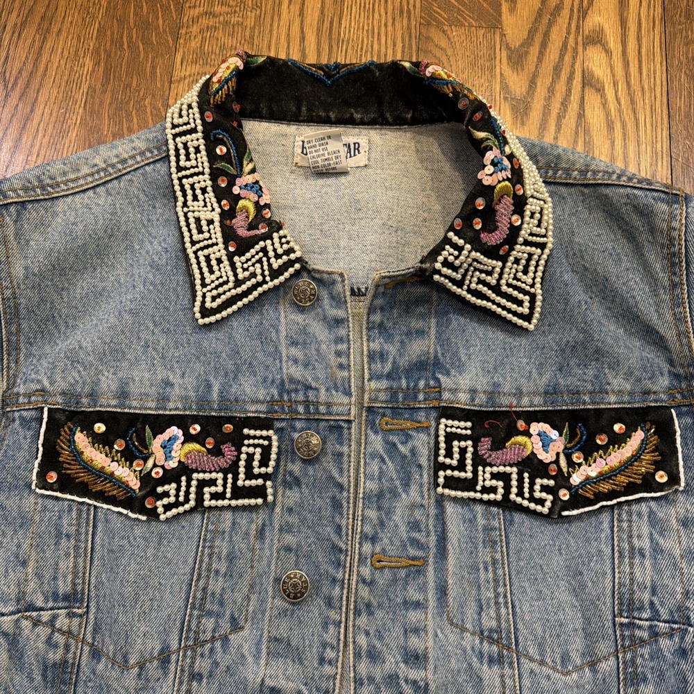 Vtg American Classics Denim Jacket Studded Beaded Sequins Embellished Youth Sz L